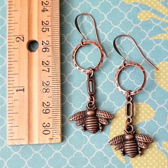 HONEY BEE Copper Charm Earrings Brass Hook Ear wires Bumble Bee, Insect - Picture 6 of 10